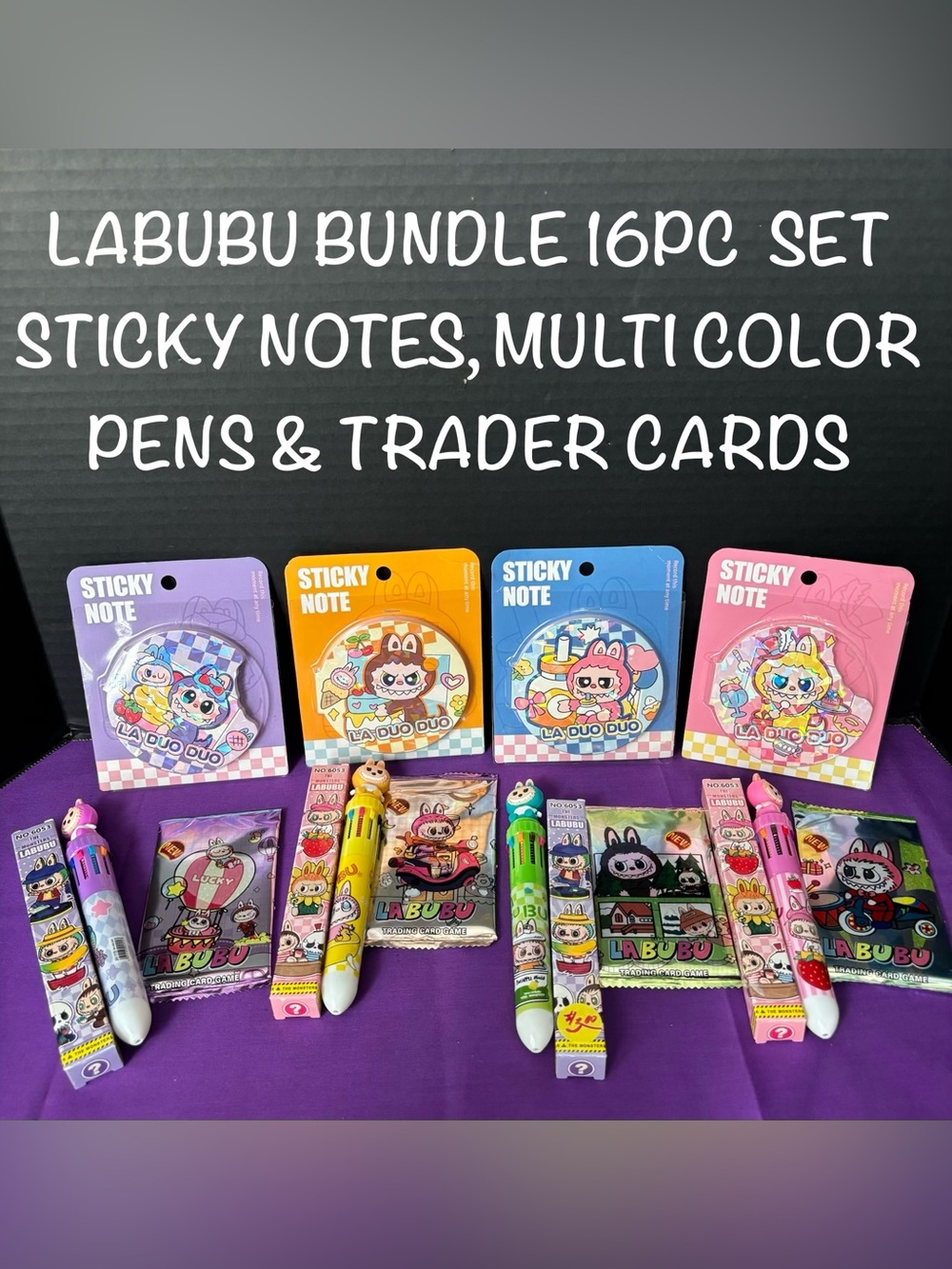 LUBUBU BUNDLE 16PC SET STICKY NOTES, 8 MULTICOLOR PENS BLIND BX TRADER CARDS 8PK